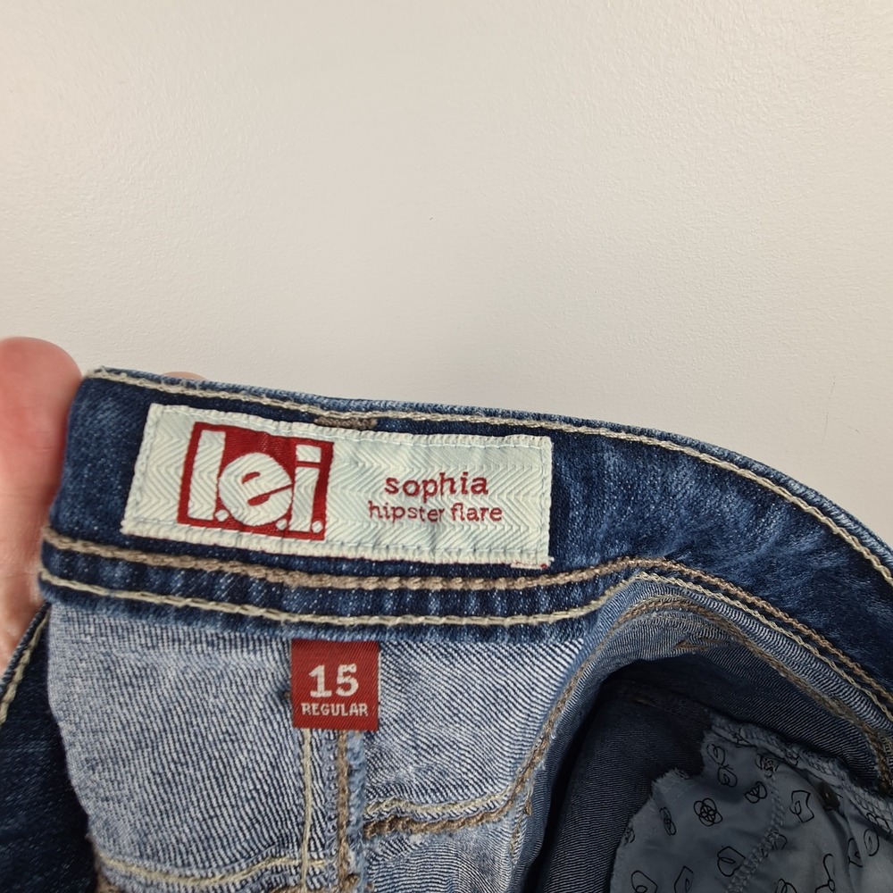 l.e.i. Jeans‎ Sophia Hipster Flare Womens 15 Stretch Denim Flap Pockets LEI Y2K - Picture 9 of 12